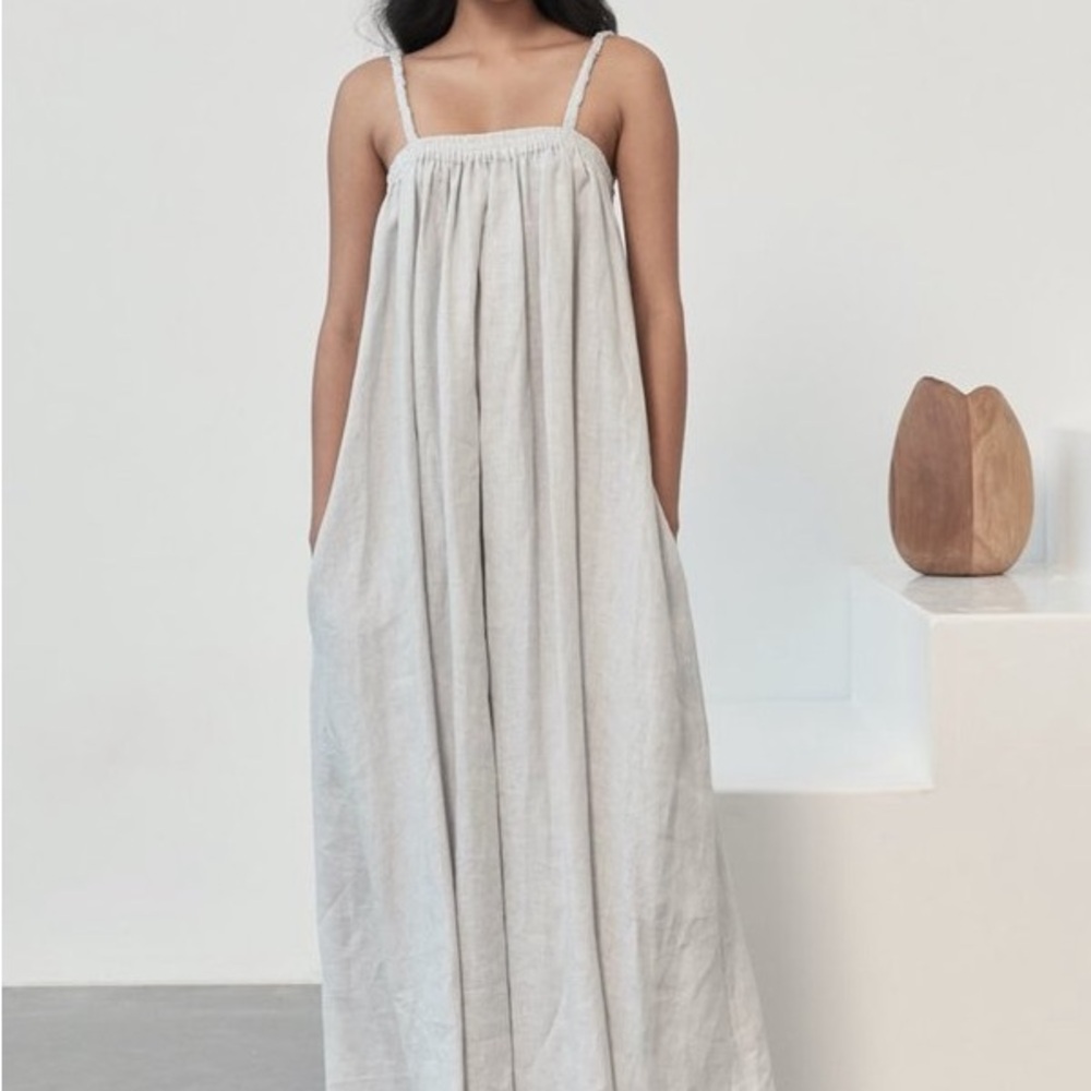 Deiji Studios The Box Pleat Maxi Dress Cloud Blue Linen Dress Spaghetti Strap